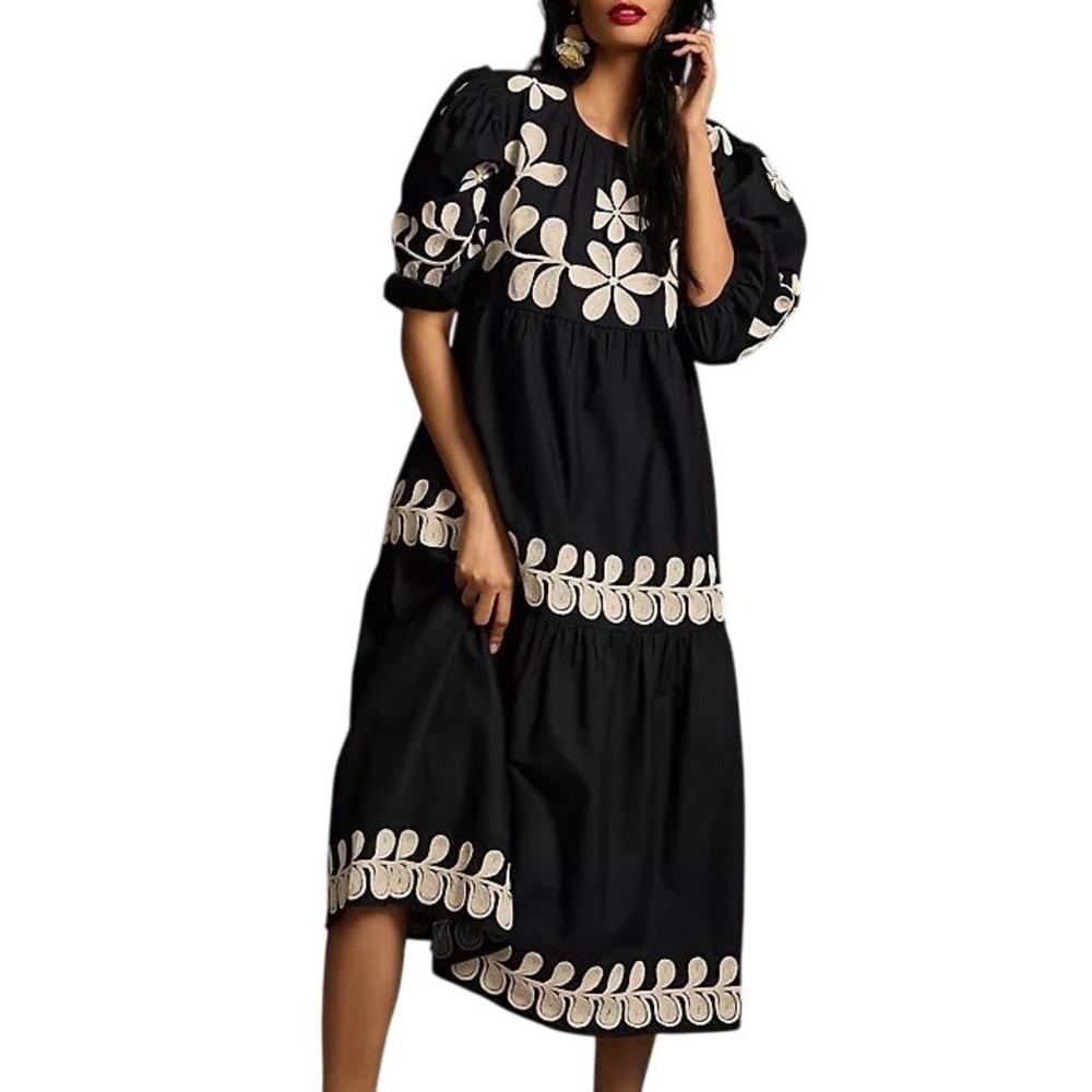 By Anthropologie Black Embroidered Cotton Tiered Midi Dress Puff Sleeve  boho XS